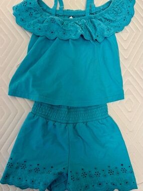 Shabby Chic Turquoise Blue Girls Matching Set - Eyelet Top & Shorts